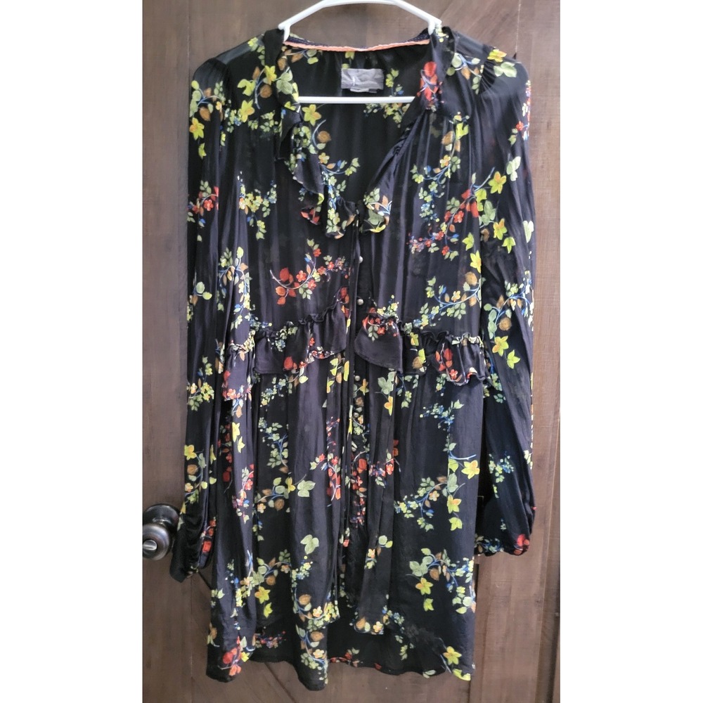 Anthropologie Floral Ruffle Mini Dress Black Long Sleeve Viscose OB998344 Small
